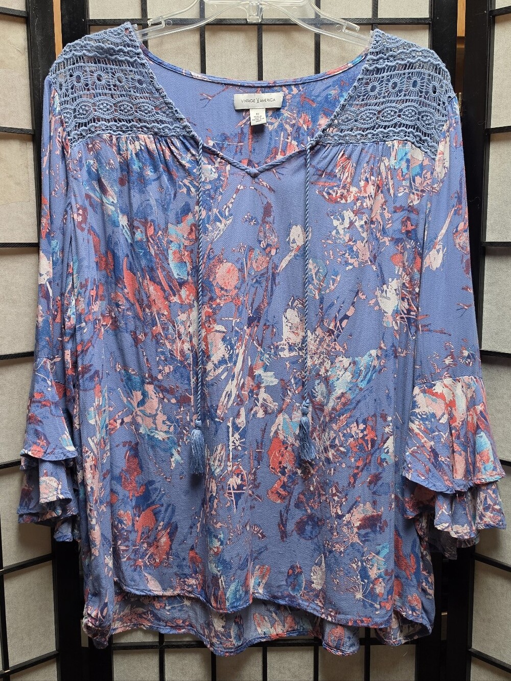 🦋 Vintage America Watercolor Eyelet Lace Boho Blouse Shirt Womens 1X